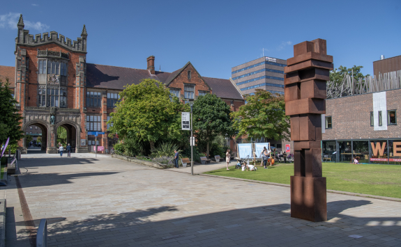 A cast-iron sculpture by Anthony Gormley, situated on Newcastle University campus.
